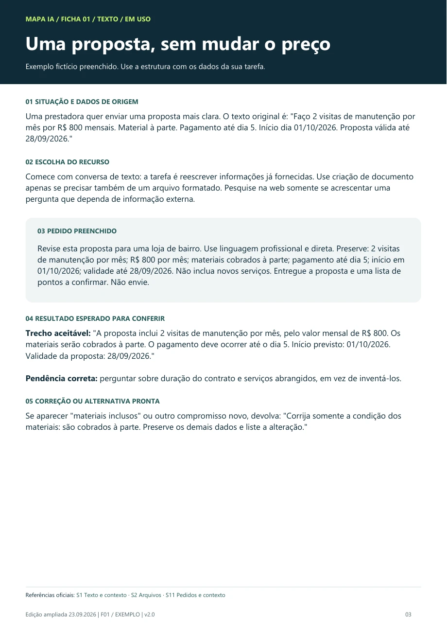Exemplo preenchido do guia aprovado: revisão de proposta com pedido, resultado esperado e correção