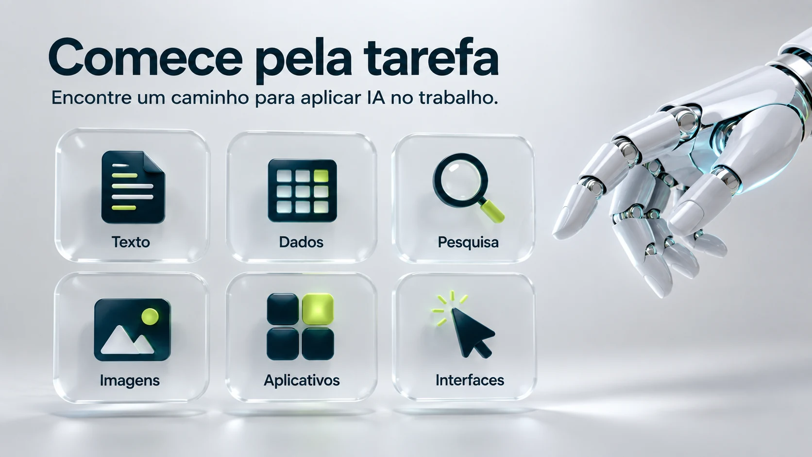 Comece pela tarefa: texto, dados, pesquisa, imagens, aplicativos e interfaces, representados por seis ícones e uma mão robótica.